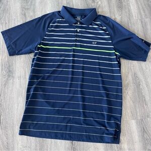 Vineyard Vines Men's Navy Striped Polo Golf Shirt - Arcadia Bluffs sleeve